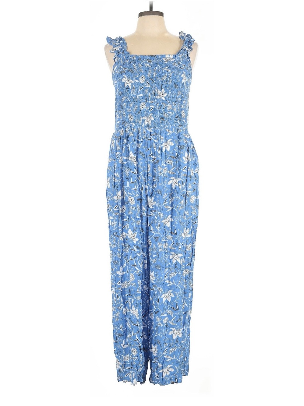 LOFT Blue Floral Smocked Romper Jumpsuit with Ruffle Straps